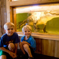 Two children stand smiling in front of an alligator tank at the Reptile Zoo in Monroe.