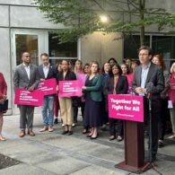 Washington Gov. Bob Ferguson speaks outside a Seattle Planned Parenthood clinic about funding support.