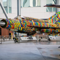Full view of beaded MiG-21 fighter jet on display at Museum of Flight