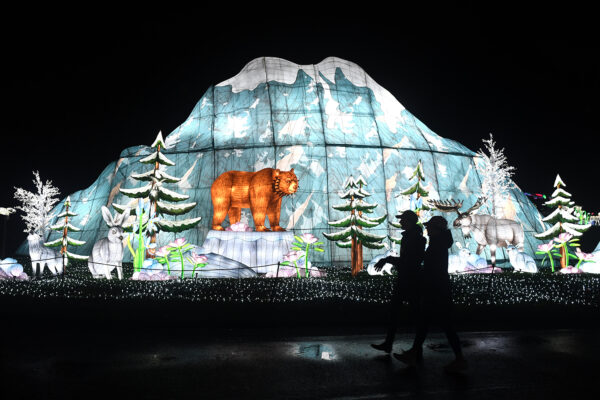 Mount Rainier lantern surrounded by illuminated woodland creatures at WildLanterns at Woodland Park Zoo.