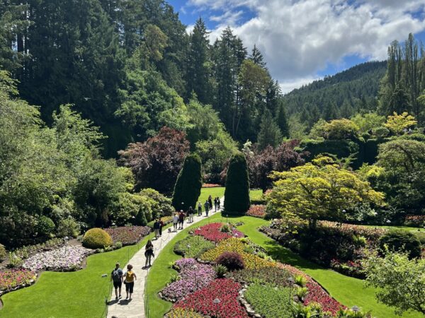 Vivid green gardens with red and pink flowers, and path winding through