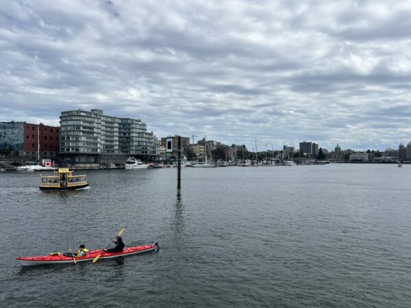 Open expanse of water against cityscape, with sole red kayaker.