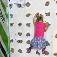 Little girl halfway up a climbing wall